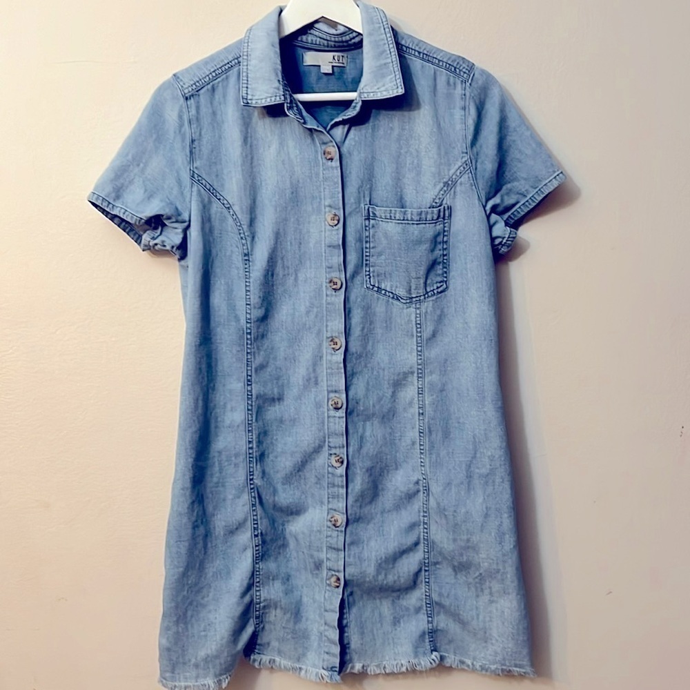 KUT denim relax shirt in a mini dress form bottom down size S chest pocket tunic